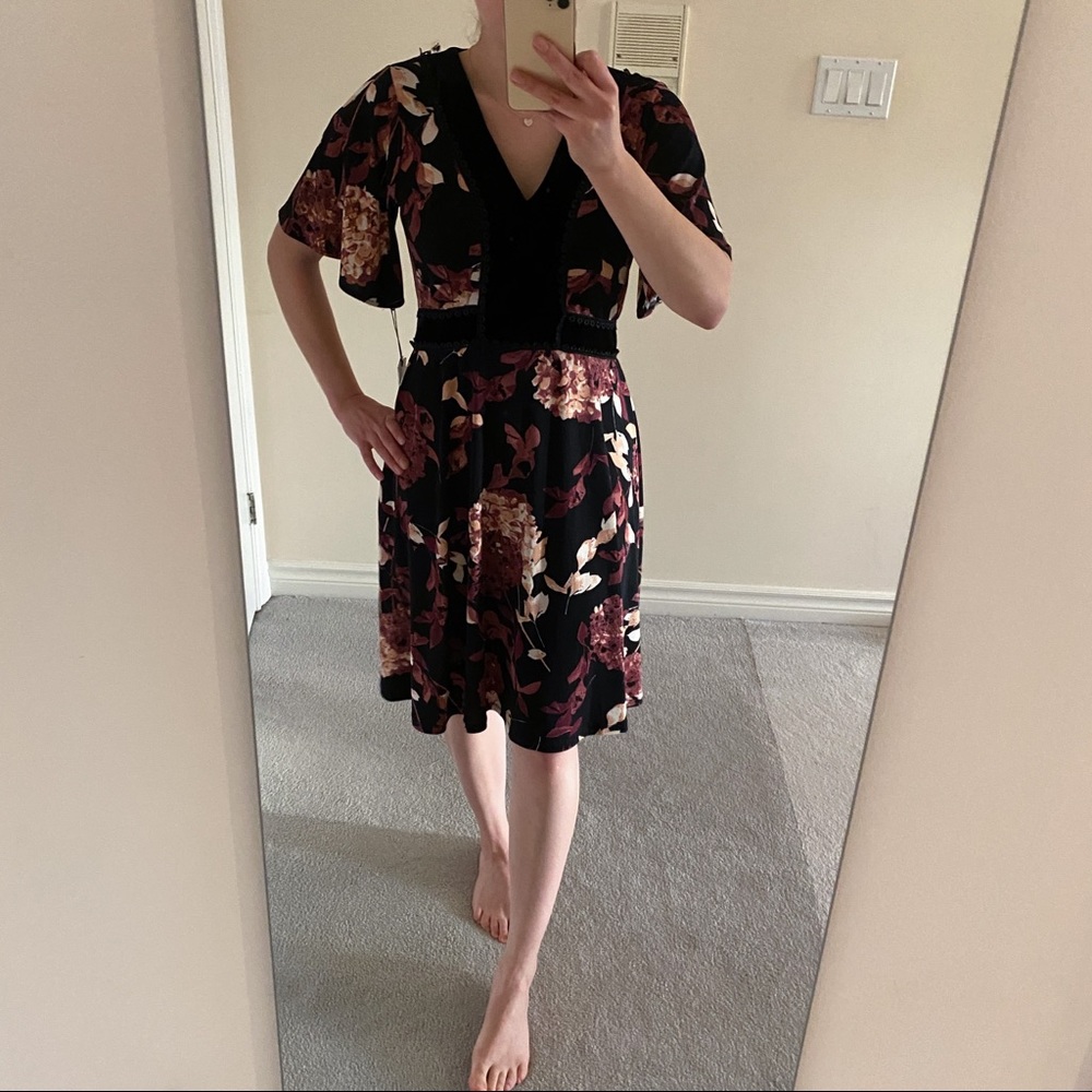 Ivanka Trump Floral Flutter Sleeve Winter Dress Velvet Details